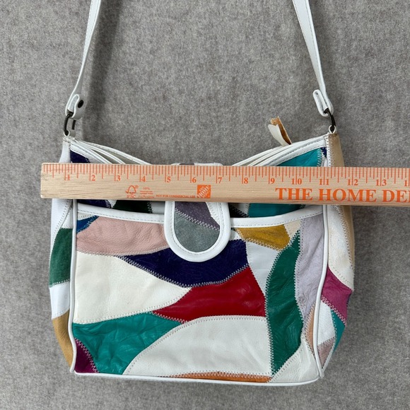 Vintage 80s Leather Patchwork Ladies Handbag Purse Crossbody Multicolor White - Picture 10 of 12